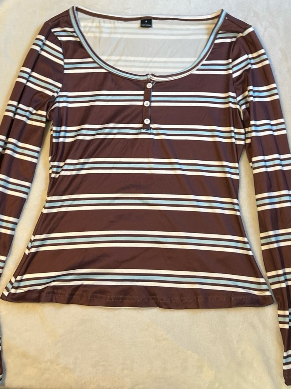 Striped Long-Sleeve Scoop Neck Top in Brown and White